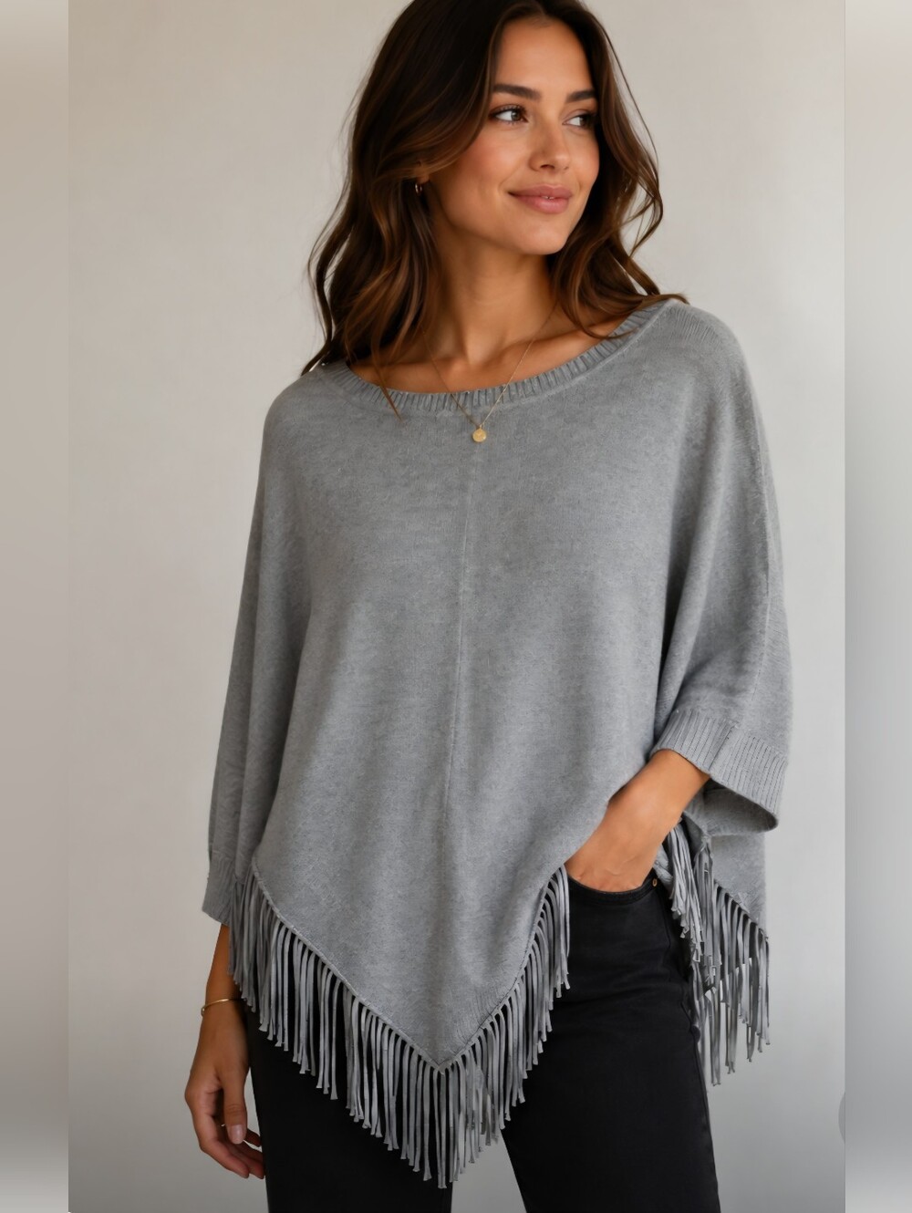 Calvin Klein Womens Fringe Boho Southwest Knit Poncho